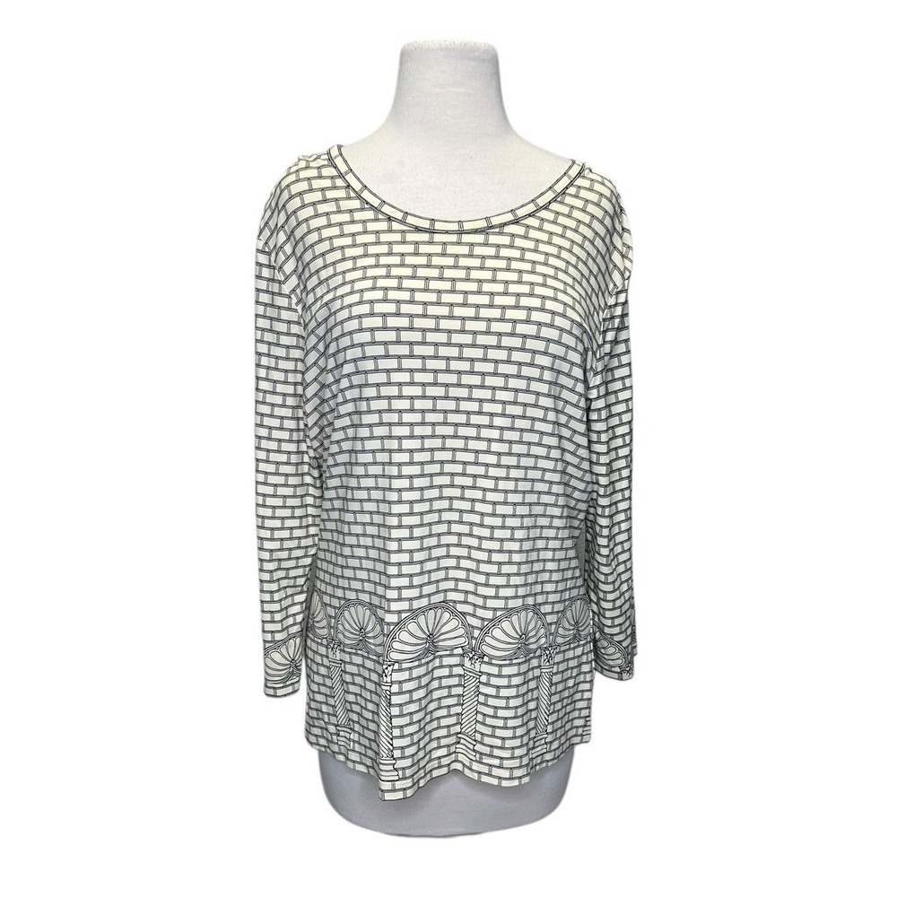 J McLaughlin Catalina Coth Grecian Brick Print Top XL Ivory Black Art Deco